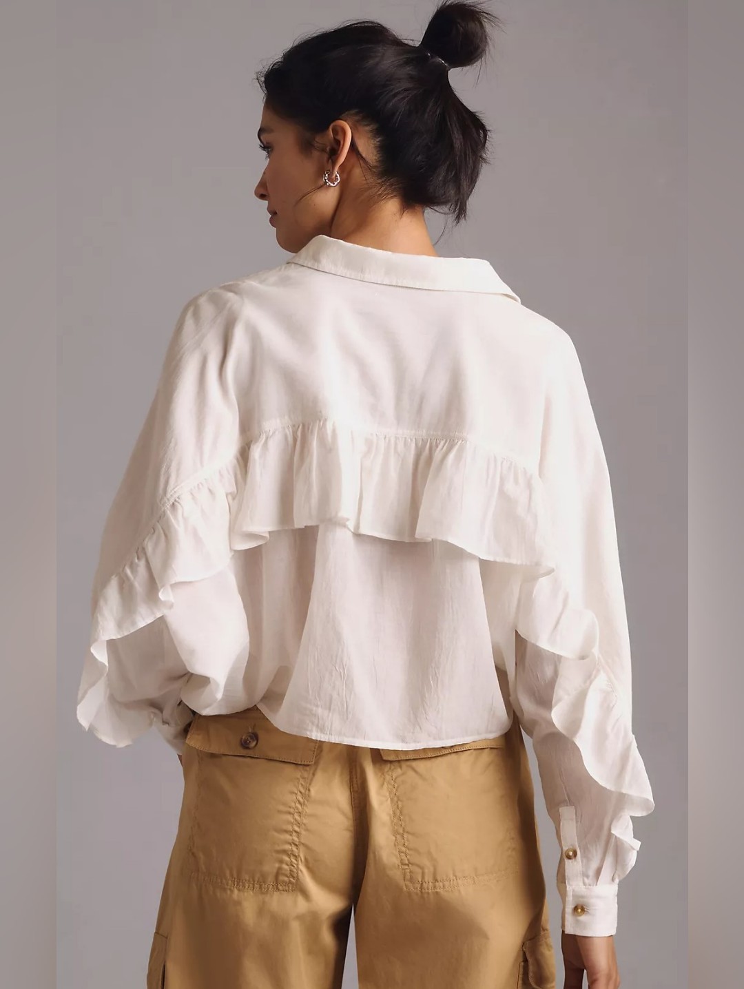 Anthropologie Collared Button-Down Ruffle Crop Long Sleeve Shirt